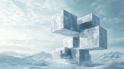 photorealistic minimalistic angular layered cubes forming an abstract building concept in a frozen...