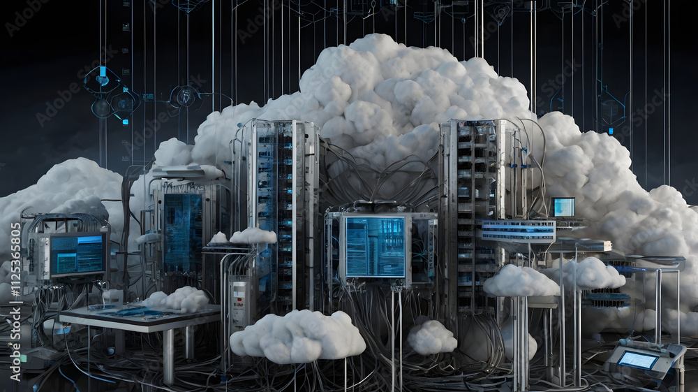 Poster cloud computing cityscape: futuristic digital city nestled within a cloud, showcasing advanced techn