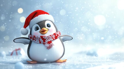 cartoon cute Adorable Penguin in Santa Hat and Scarf Enjoying Winter Wonderland