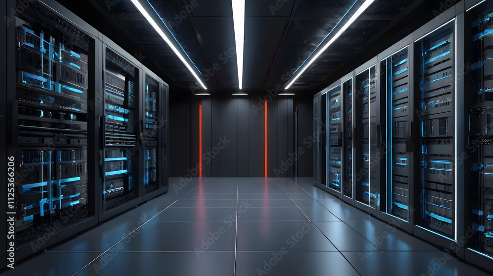 Poster data center: inside the heart of digital operations, rows of servers gleam under fluorescent lights,