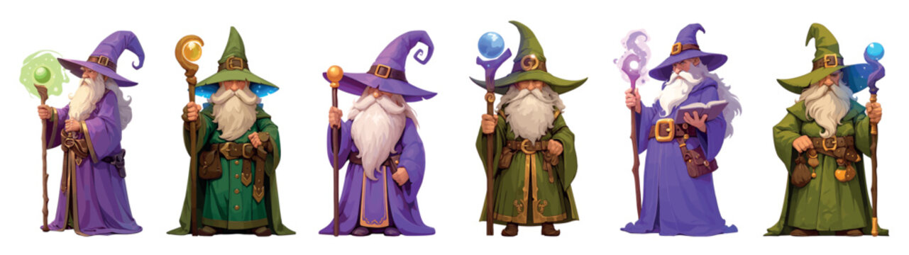 purple green magician cartoon. gray-haired wizard in hat with staff set, fairy tale magic fantasy game character vector illustration