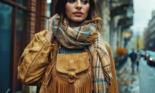 Close-up of a woman wearing a suede jacket, fringed bag, and patterned scarf in an urban setting.
