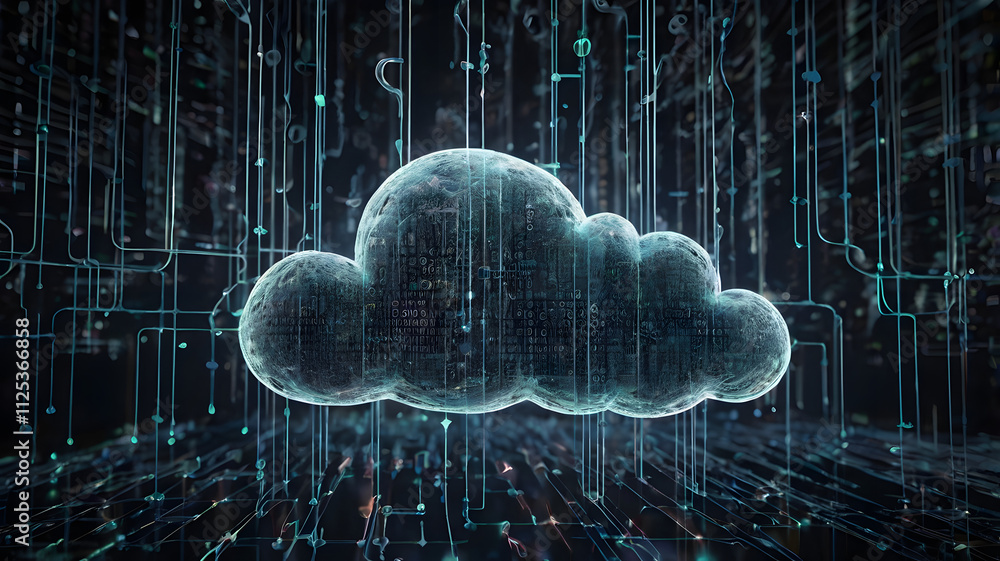 Poster digital cloud network: abstract illustration of a glowing teal cloud data network, symbolizing digit