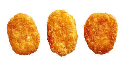 Three golden chicken nuggets falling on transparent background