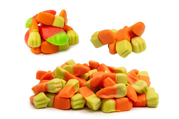 Juicy colorful jelly sweets isolated on white.  Jelly carrots.