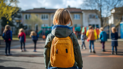 Child with Yellow Backpack Standing in a Schoolyard Observing Other Kids on a Sunny Day
