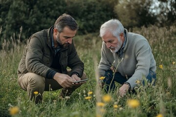 Two men examining plants together while looking at a smartphone in a grassy field