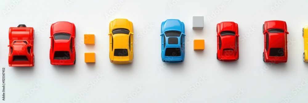Poster children's toys featuring bright cars, colorful blocks, and dolls arranged neatly on a white backgro
