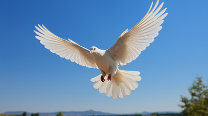Obraz premium White dove flying against clear blue sky with copy space for peace day message
