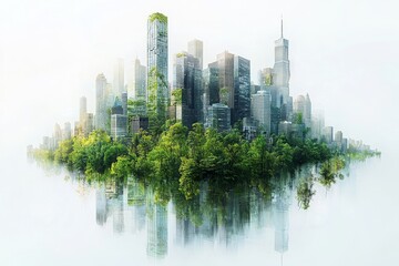 Obraz premium Eco-friendly urban architecture, sustainable city planning, green buildings, set against a solid white background, featuring a single object.