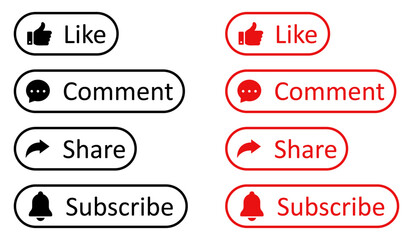 Like, Share, subscribe and comment icons buttons set with black and red color. Social media icons. Flat and outline style. Like, thumb up, comment, repost and share icon buttons. Vector illustration.
