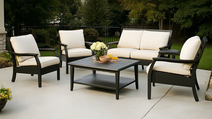 Fototapeta premium Elegant outdoor patio seating arrangement with comfortable cushions and a coffee table 