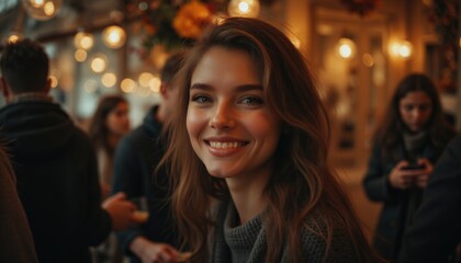 Smiling Woman Enjoying Cozy Urban Lifestyle Photography Scene