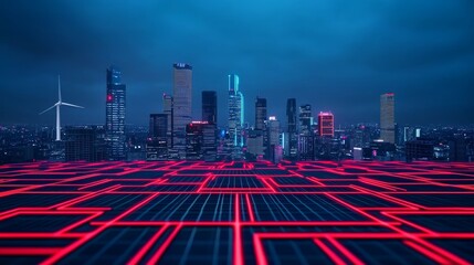 As the sun sets, a solar panel farm and wind turbines glow, showcasing the progress in green energy technology against a futuristic city backdrop.
