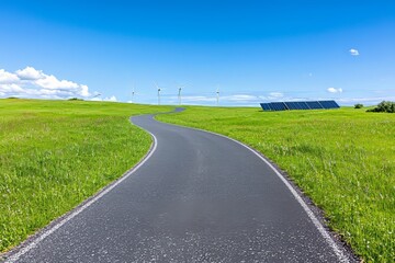 Contemporary battery energy storage systems paired with wind turbines and solar panels in grassy fields.