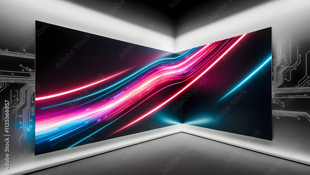 Poster dynamic led display: futuristic neon swirls on a large screen