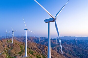 Wind turbines are scattered across a hilly, brown terrain as evening approaches, emphasizing the quiet, ongoing production of renewable energy in different environments.