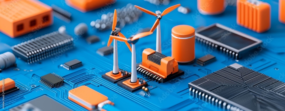 Poster a 3d illustration of a smart grid, an interconnected energy network utilizing renewable sources.