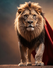 Majestic Lion Wearing a Red Cape Stands Confidently Against a Dramatic Background