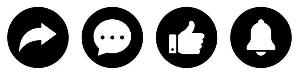 Like, Share, comment and subscribe icons buttons black and white color. Like, thumb up, subscribe, comment, repost and share icon button. Social media notification icon set. Vector illustration.