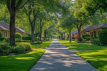 Obraz premium The side perspective of a suburban street in Texas, Texas, showcases an asphalt road surrounded by lush green trees. This highlights America's commitment to cleanliness and greenery, suitable for