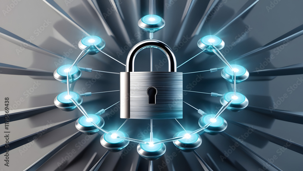Aufkleber cybersecurity network protection: a central padlock secured by a ring of glowing nodes, symbolizing 