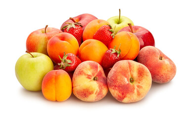 flat peach apricots strawberry apples path isolated on white top view