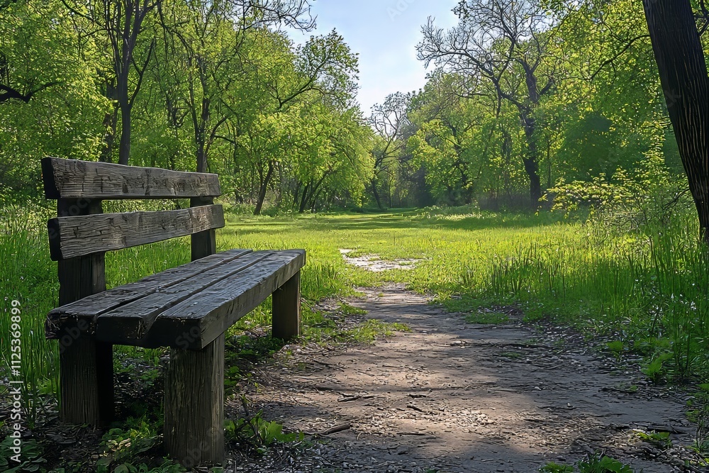 Poster an open park with a verdant grassy area and a path for strolling.