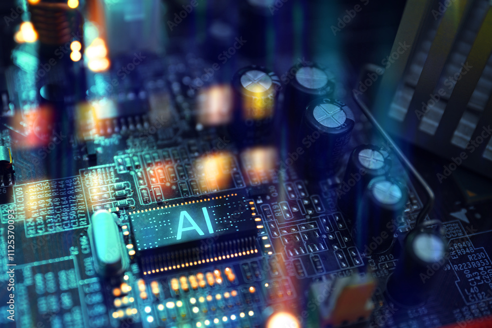 Poster artificial intelligence. electronic chip with ai abbreviation on computer motherboard, closeup