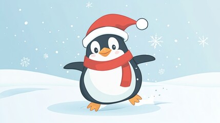 cartoon illustration flat design style cute penguin wearing a Santa hat and scarf on an ice floe
