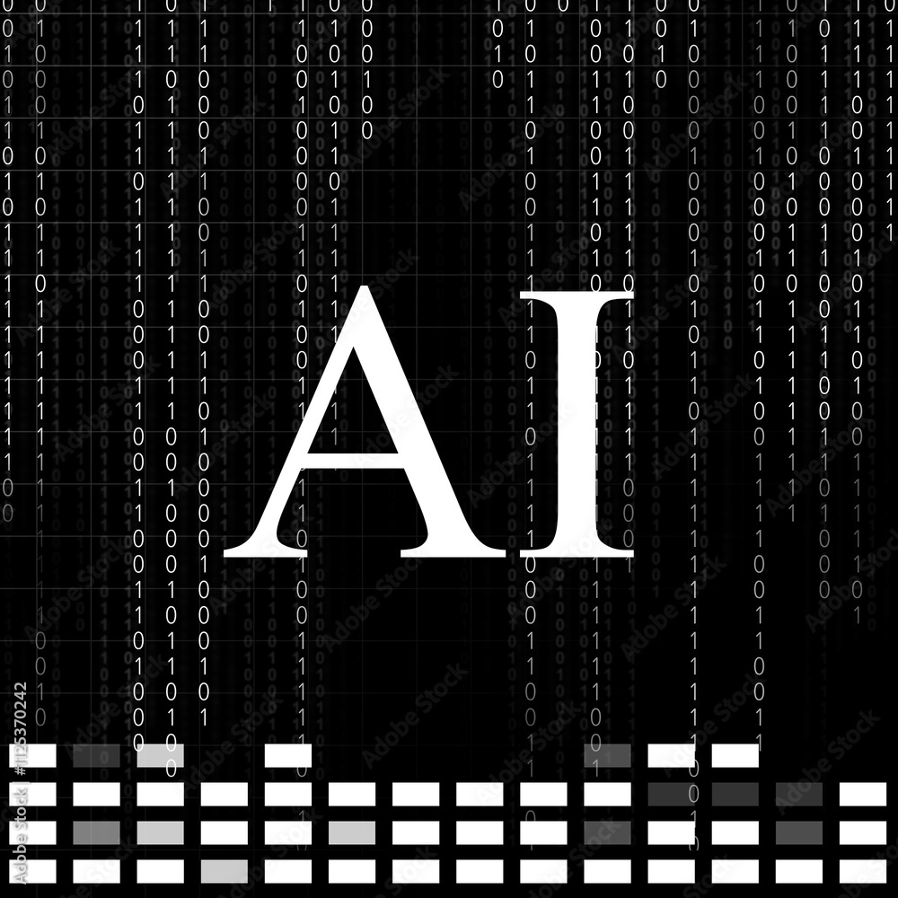 Poster ai abbreviation on black background with binary code. artificial intelligence