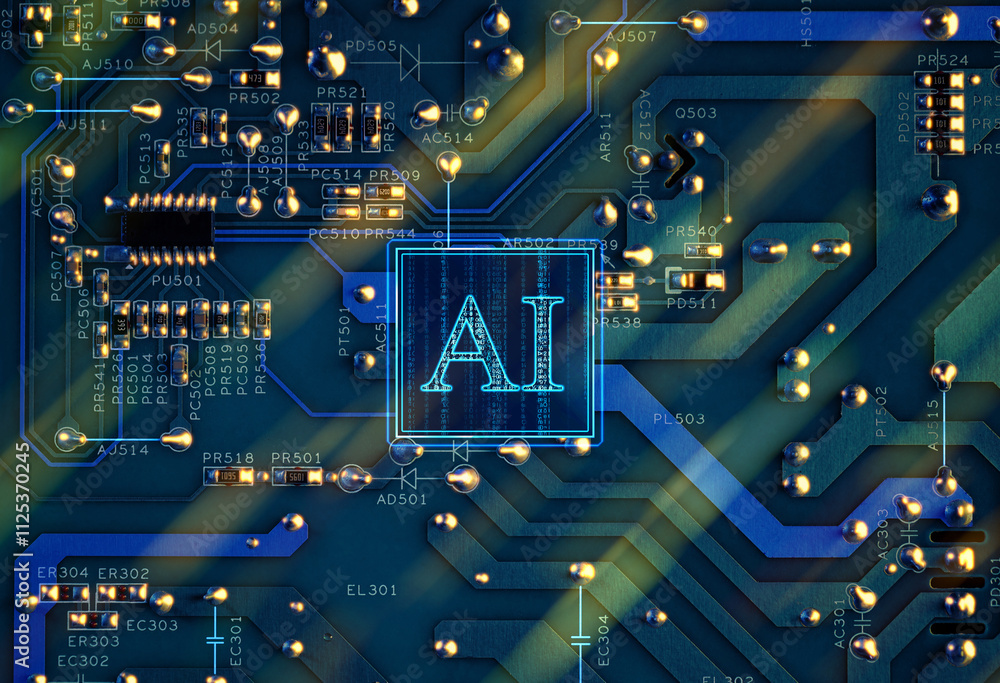Aufkleber artificial intelligence. electronic chip with ai abbreviation on circuit board, top view