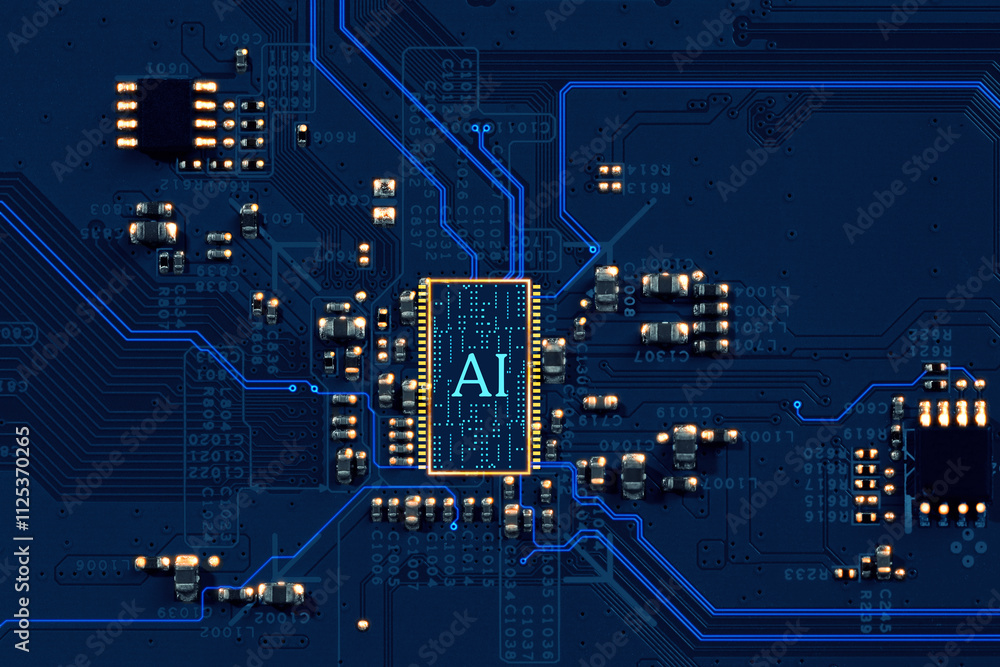 Poster artificial intelligence. electronic chip with ai abbreviation on circuit board, top view