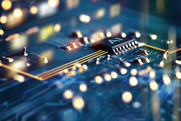 Artificial intelligence. Electronic chip with AI abbreviation on computer circuit board, closeup