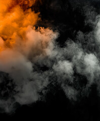 White smoke with red lighting - billowing smoke or explosion background, isolated on black. Heat, fire and fog effect layer.