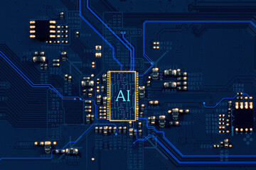 Artificial intelligence. Electronic chip with AI abbreviation on circuit board, top view