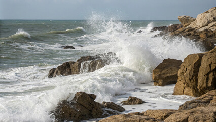 Dramatic Ocean Waves Crashing Against Rocky Coastline