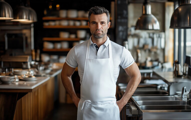 Fototapeta premium Chef kitchen apron. Chef cook in uniform, kitchen apron, protective apparel, culinary environment, food service setting, chef in kitchen interior, apron mock-up. Realistic style photo.