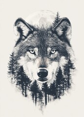 Double Exposure of Wolf Portrait and Forest Trees Under Moonlight