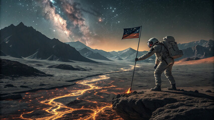Astronaut Planting American Flag on Alien Planet with Lava River and Milky Way Galaxy