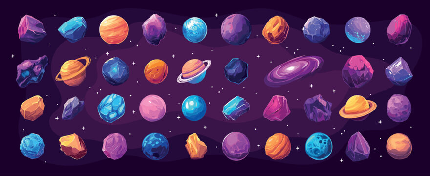 space objects cartoon set. planets asteroids comets galaxy, colored alien universe stars stones game vector illustration