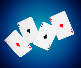 Four aces in air on blue gradient background. Poker and other card games