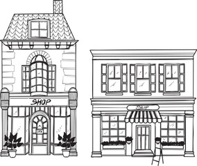 Ensemble boutique vecteur lignes noires bâtiment architecture ancienne immeuble