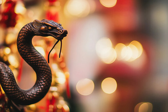 A&ntilde;o nuevo chino, a&ntilde;o de la serpiente en China. Serpiente de madera sobre elementos tradicionales.