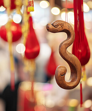 A&ntilde;o nuevo chino, a&ntilde;o de la serpiente en China. Serpiente de madera sobre elementos tradicionales.