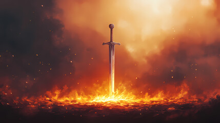Naklejka premium A sword stands upright in the ground, surrounded by glowing embers and radiant light, set in a dramatic and fiery atmosphere. Radiant. Illustration