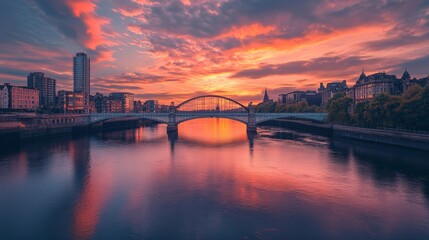 Obraz premium Beautiful sunset over a city bridge with colorful clouds reflecting in the water