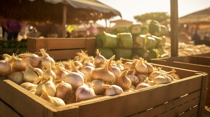 Fototapeta premium A photo of bins of farm-fresh onions and garlic