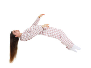 Somnambulist in pajamas on white background. Sleepwalking