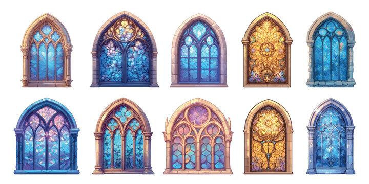 stained glass windows cartoon. gothic mosaic stone window, pointed arch medieval architecture castle elves fantasy vector illustration